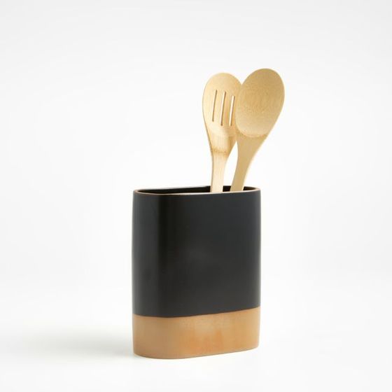 Porta utensilios de cocina Bote para utensilios cerámica y bambú Soporte utensilios  cocina cuadrado- negro mate